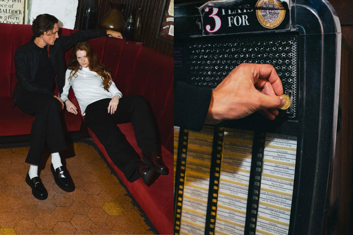 Рекламный коллаж Fred Perry x George Cox: пара в лоферах Penny Loafer и вставка монеты в джукбокс
