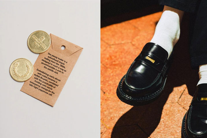 Коллаборация Fred Perry и George Cox: золотые монеты-детали и черные кожаные лоферы Penny Loafer в образе с белыми носками.
